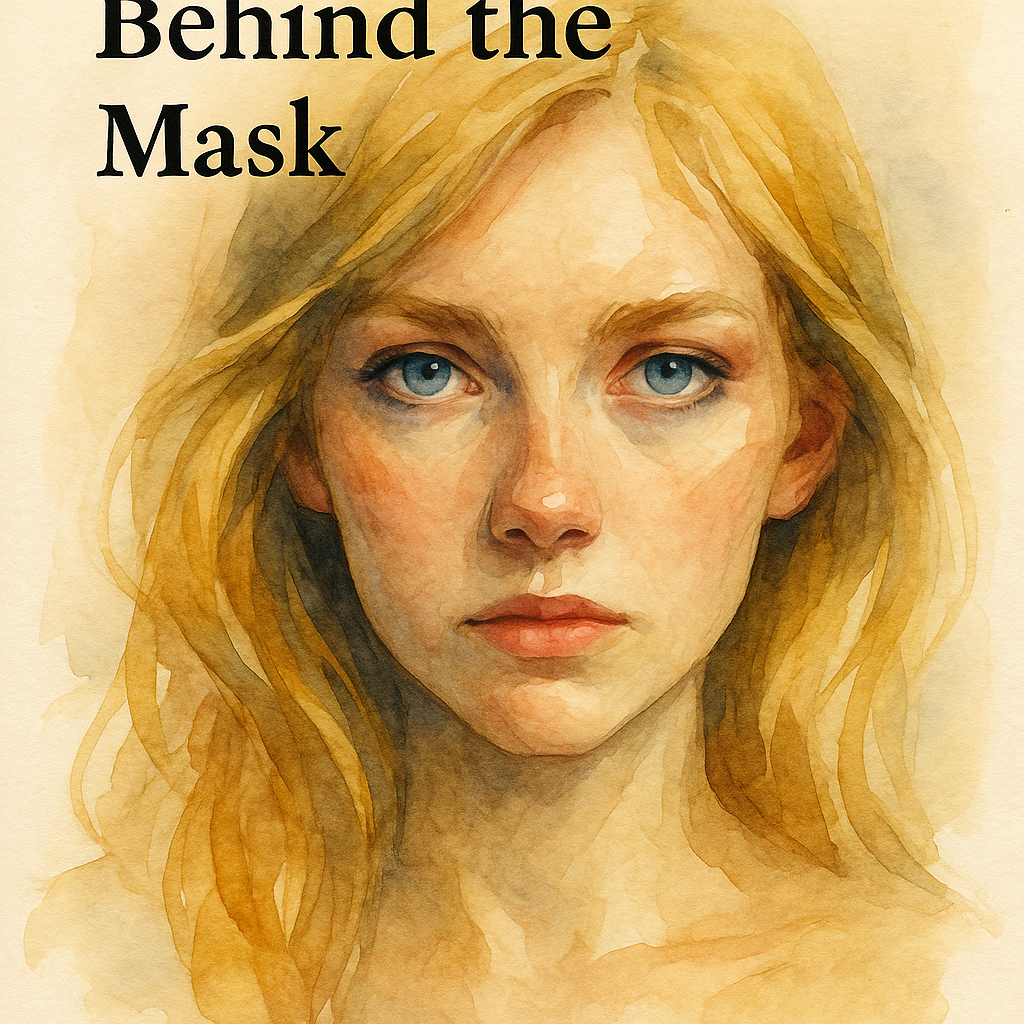 Watercolor portrait of a solemn blonde woman with blue eyes and the title “Behind the Mask.