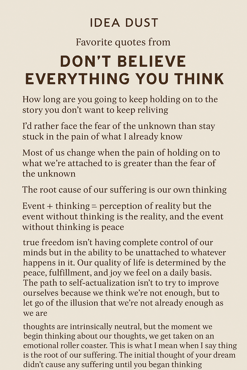 Quote collage from Joseph Nguyen's Don’t Believe Everything You Think featuring insights on thought, peace, and emotional suffering.