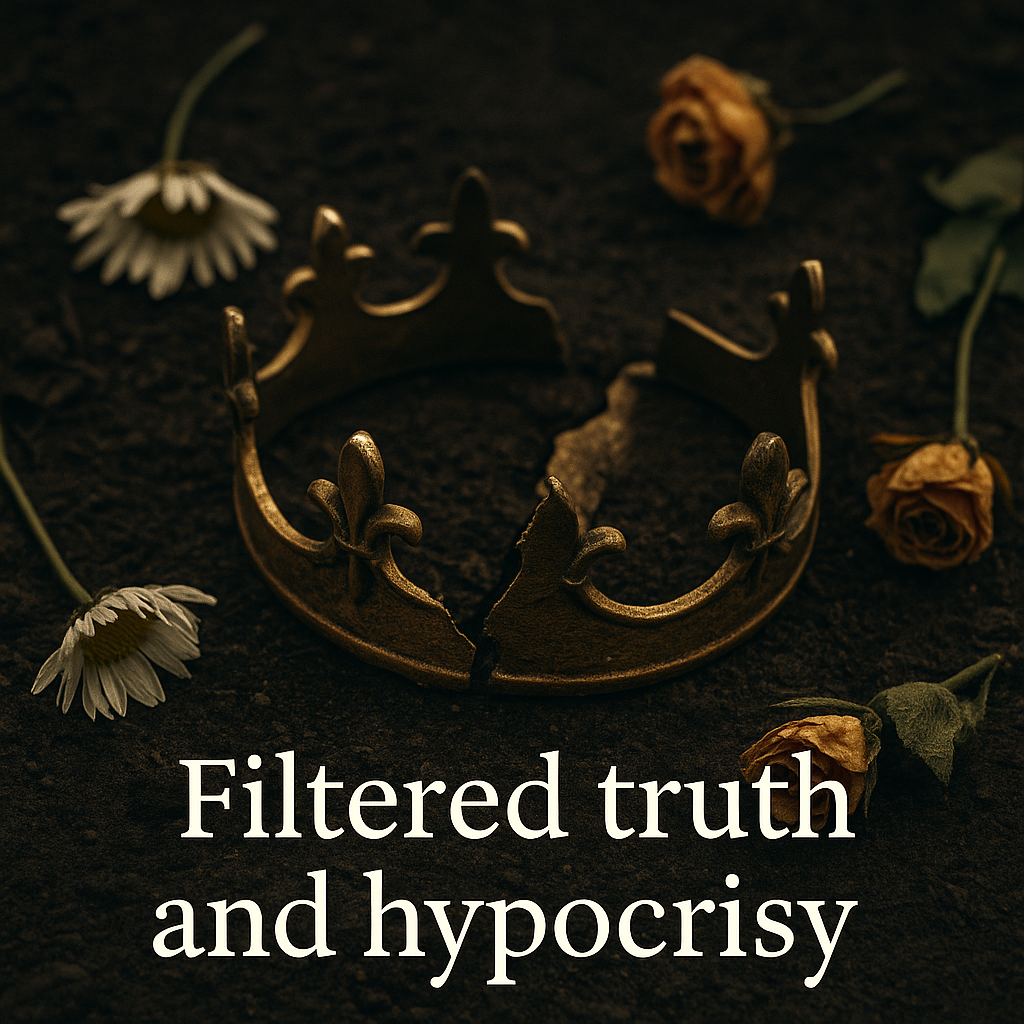 Broken crown on dirt with wilted flowers – filtered truth and hypocrisy