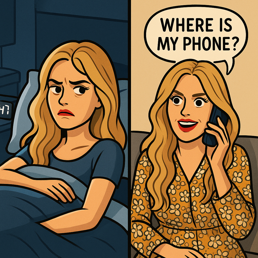 Split image of a tired mom lying in bed at night beside a cheerful morning version of herself talking on the phone, ironically asking where her phone is.
