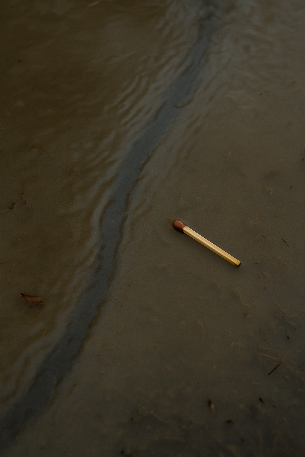 A single matchstick lying untouched on a wet surface, beside a dark stream of water in the sand — symbolizing restrained power and unlit potential.