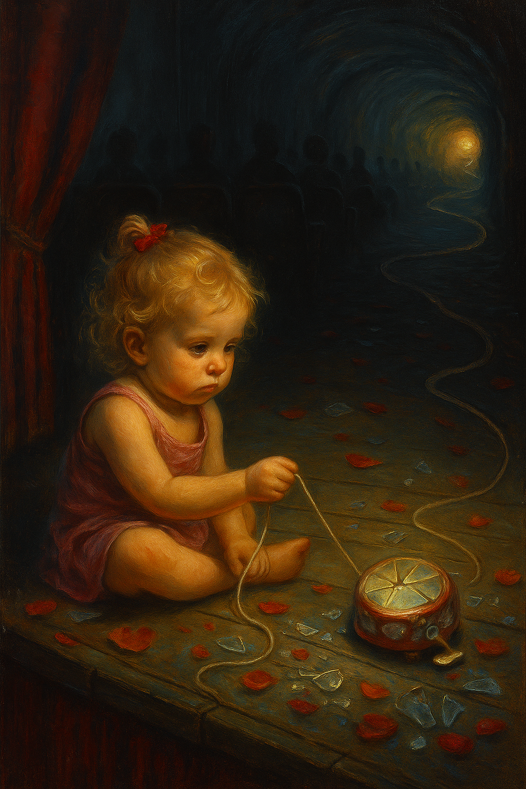 A young girl sits on a stage floor pulling the string of a broken wind-up toy, surrounded by red petals and shards of glass, symbolizing emotional conditioning and lost validation.